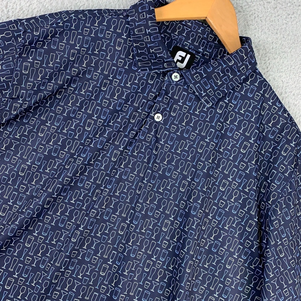 FootJoy Golf Polo Mens XL Navy Cocktail Glass Print ProDry Stretch Jersey Shirt